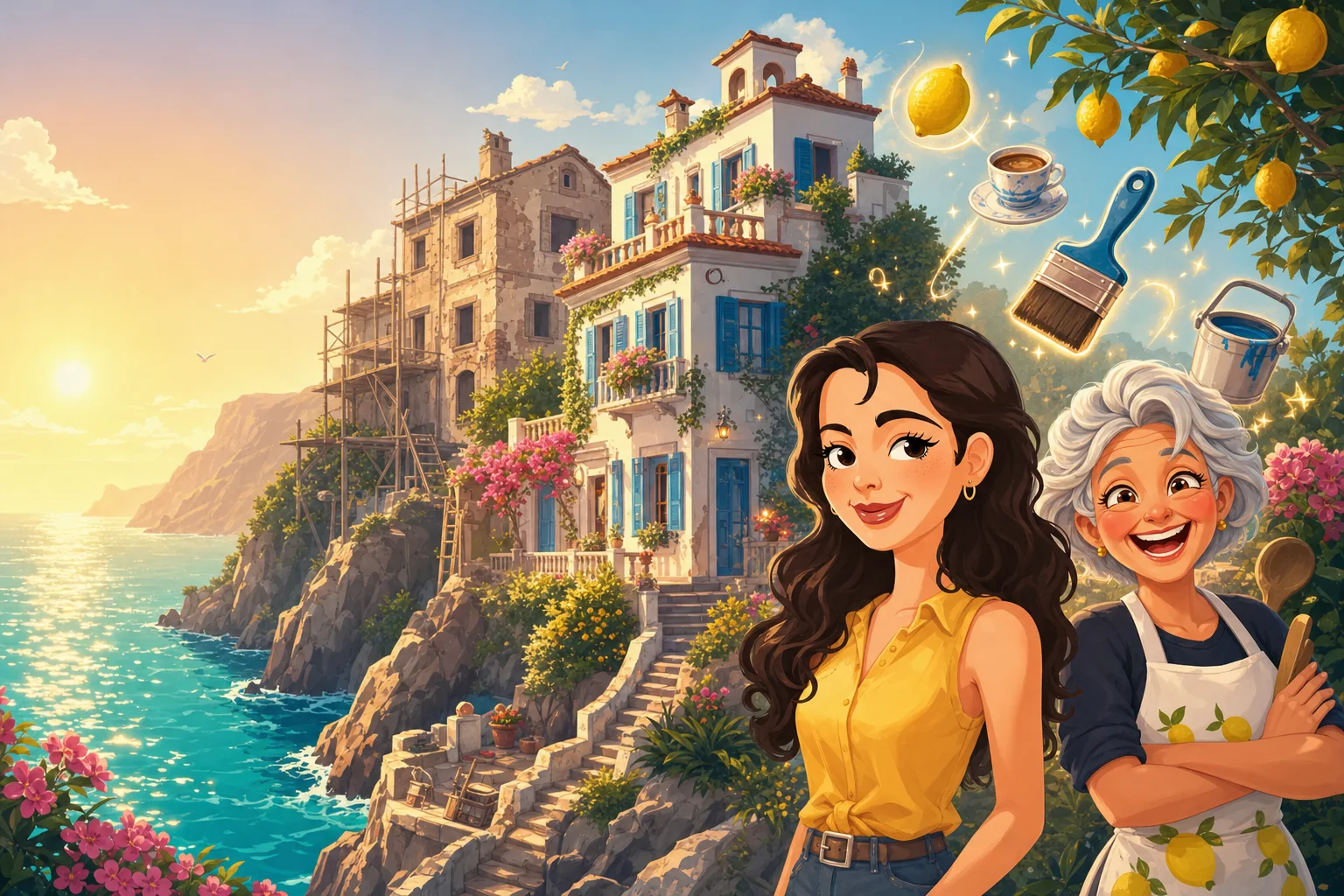 Villa Azzurra key art: Sofia and Nonna Rosa in front of the half-restored villa